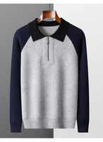 Pull en laine mérinos pure à 100 % pour homme, col polo demi-zip, épaissi, color-block