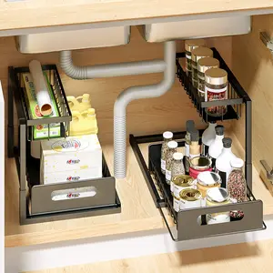 2- Tier Carbon Steel Spice Kitchen Rack Pull Out Sliding Shelf Under Sink Organizer for Kitchen Cabinet Storage Drawer