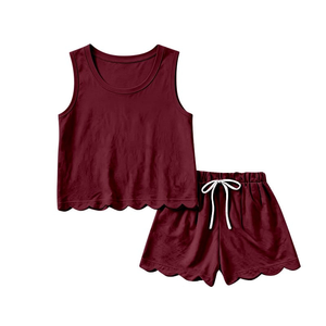 Conjunto de Ropa Infantil de Verano, 2 Piezas, Camiseta sin Mangas de Color Sólido y Pantalones Cortos con Borde Festoneado, Estilo Casual, para Hermanas - Product Image 4