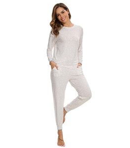 En stock, livraison rapide, ensemble de pyjama en fibre de bambou pour femmes, 2 pièces, manches longues, col rond, motif, doux et confortable, vêtements de détente - Product Image 1