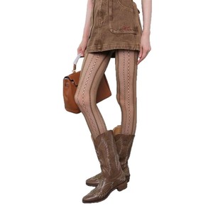 Brown Retro-Style Hollow Lace Fishnet Stockings With Vertical Stripes 15D Sheer Pantyhose For Women Youth Fashion - Product Image 5