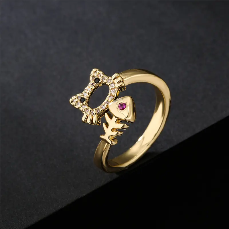 Cat Rings Gold Plated Fashion Jewelry Cute Cartoon Character Opening Adjustable Kitty Fish Cubic Zircon Finger Ring