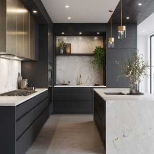 Современные водонепроницаемые кухонные шкафы из фанеры с меламиновым покрытием и нержавеющей сталью, индивидуальный дизайн для вилл - Product Image 1