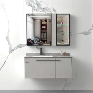 Classic Fancy Wall Mounted Pvc Solid Board Vanity Wash Basin Bathroom Cabinets With Mirror For Hotel Projects