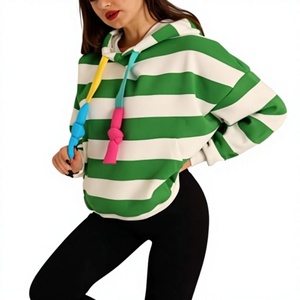Sudadera con Capucha Oversize a Rayas Verde y Blanco para Mujer, Hombros Caídos, Manga Larga, Tejida, Estilo Casual Urbano, Ropa de Otoño - Product Image 1