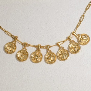Collar con Colgante de Cadena de Eslabones de los 12 Signos del Zodiaco, Redondo, de Acero Inoxidable Chapado en Oro, Joyería Geométrica Vintage de Moda al por Mayor - Product Image 2