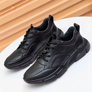 Baskets décontractées confortables pour hommes, doublées en peau de porc, tige en cuir de vachette, basses, noires, à lacets, respirantes, hiver-printemps - Product Image 1