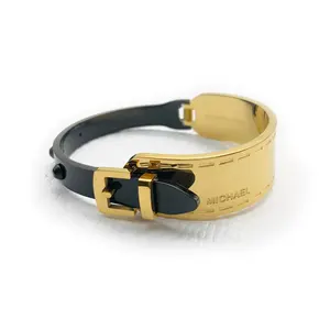 High Quality New Black And Gold Plated Bracelets Women Stainless Steel Belt Buckle Bangle