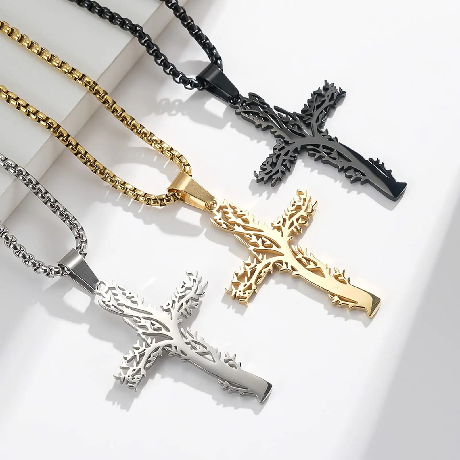 ศาสนาคริสเตียนกะโหลกต้นไม้เซลติกศรัทธา coptic ankh ลูกบาศก์ Zirconia สีทองจี้ไม้กางเขนสีดำสร้อยคอผู้ชายผู้หญิง