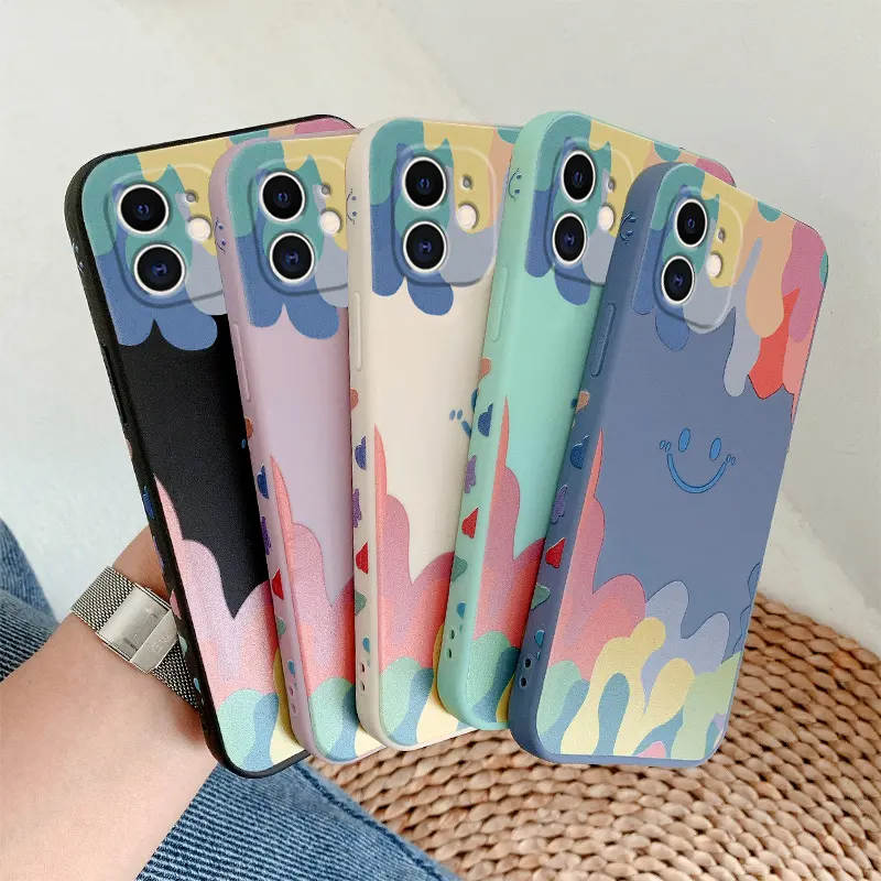 Cute Square Cartoon Side Painting Smile TPU Phone Case For iPhone 13 12 Pro Max Mini Camera Lens Protection Case