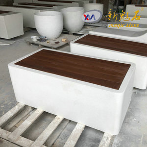 Nouvelle banc de jardin rectangulaire en béton avec plateau en bois, style pierre magique, pour l'aménagement paysager - Product Image 5