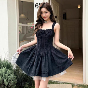 Black Hepburn Style Dress High Waist Strapless Vintage Splicing Cocktail Dress Breathable Short Skirt For Women - Product Image 1