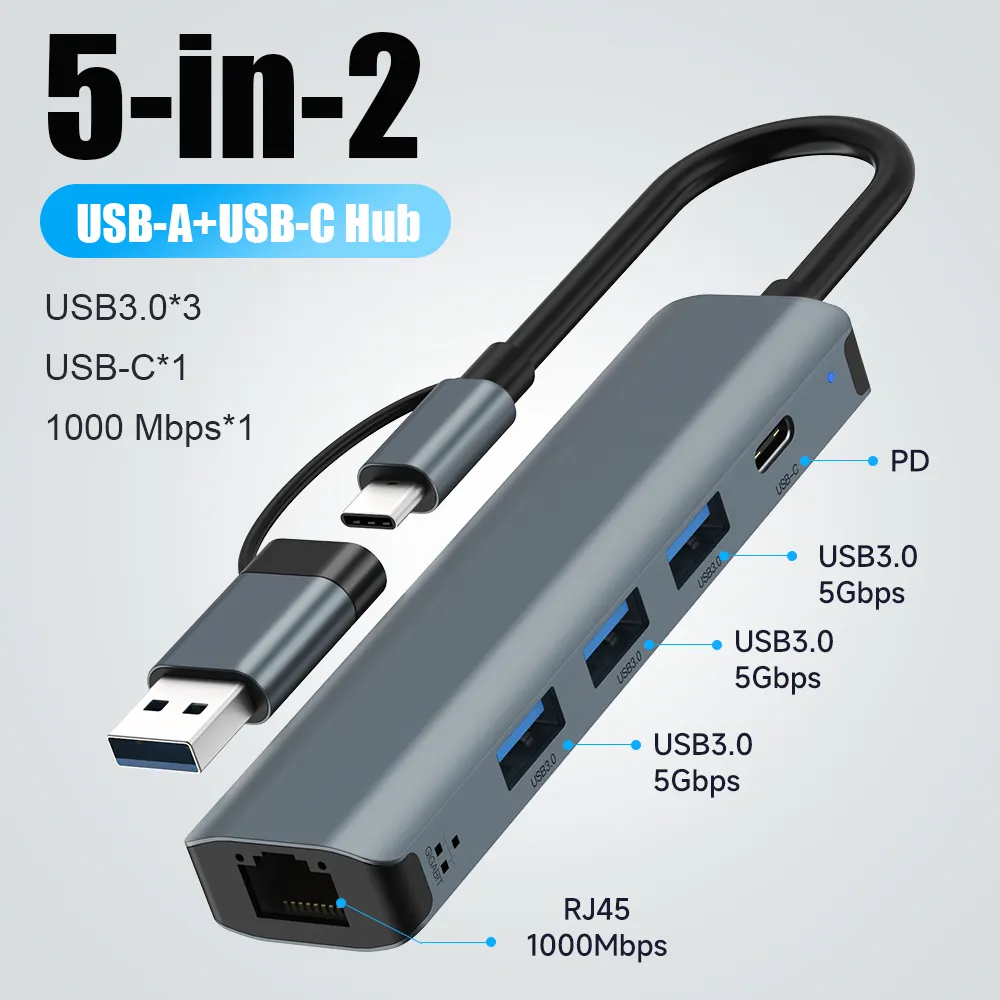 Adaptor Multiport USB C HUB, USB C USB-A Tipe C 4 Port USB 3.0 Transfer Data Gigabit Ethernet RJ45 stasiun dok untuk MacBook Pro
