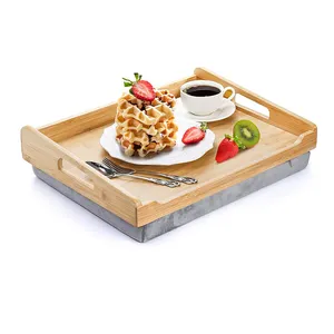 Bandeja de cama de bambú, bandeja para servir comida de desayuno con asa, escritorio de regazo para sofá, bandeja de regazo para coche con cojín desmontable