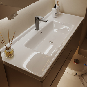 Mueble de Baño Moderno Minimalista Color Crema con Lavabo de Cerámica Integrado, Iluminación Antivaho y Base <span class=keywords><strong>para</strong></span> Esfregona - Product Image 3