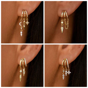 Boucles d'oreilles pendantes en forme de C avec étoile et lune en argent sterling S925 plaqué or 18 carats et zircon cubique pour femme - Product Image 2
