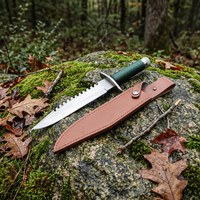 Couteau de survie First Blood en acier inoxydable à lame fixe avec étui en cuir pour le camping et l'aventure