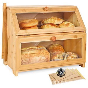 Bamboo Bread Box Double Layer Acrylic Transparent <b>Storage</b> <b>Kitchen</b> Bakery Use - Product Image 5