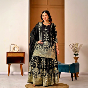 Magnifique robe Sharara en soie brodée IndoWeaves pour femmes, vêtements traditionnels indiens et pakistanais pour mariage, fête, été - Product Image 1