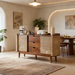 <span class=keywords><strong>Buffet</strong></span> nordique moderne du milieu du siècle en bois de frêne massif et rotin naturel tressé pour salons et salles à manger - Écologique - Product Image 1