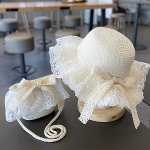 Nouveau filles chapeaux mode été dentelle fleur casquettes respirant chapeau de paille élégant enfants chapeau de soleil belle <span class=keywords><strong>pompon</strong></span> bébé <span class=keywords><strong>Bonnet</strong></span> sac ensemble - Product Image 1