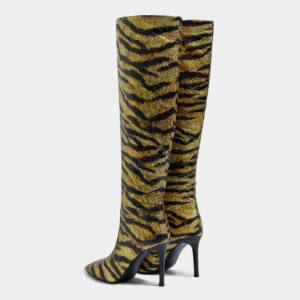 Kalın sivri burun Stilettos diz-yüksek kadın kaplan şerit batı moda çizmeler rahat yumuşak kış sonbahar bahar için - Product Image 6