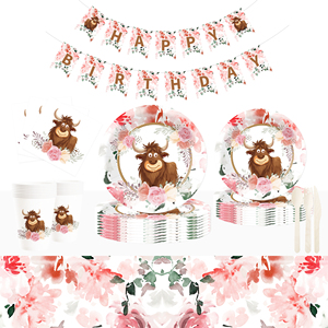 DAMAI - Decoración con Temática de Animales para Cumpleaños, Vaca de las Tierras Altas, Rosa, Suministros Desechables para Fiestas, Juego de Platos y Vasos de Papel - Product Image 1