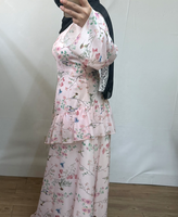 R-869 Abaya élégante en mousseline respirante pour l'été, vêtement islamique à volants, imprimé floral, longueur cheville, manches longues pour femme
