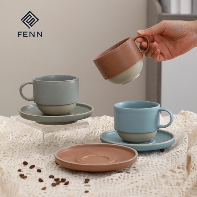 FENN Custom Minimalist Vintage Contrast Color Ceramic Coffee Mug and Saucer Matte Glaze Espresso Cup Set for Daily Use & Gift