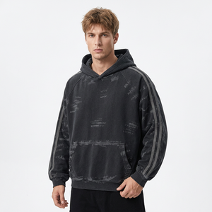 Wholesale Men's <b>Vintage</b> <b>French</b> Terry Pullover Hoodie Custom Logo High Quality Oversized Stripe Sleeves Long Hooded for Autumn - Product Image 5