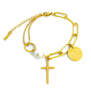 Bracelet à breloques en acier inoxydable plaqué or 18 carats pour femmes avec pendentif croix et rond |   Design de chaîne à maillons minimaliste et tendance - Product Image 3