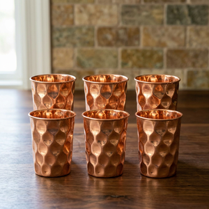 Copper Diamond Drinking Cups <b>Set</b> of Six Vintage Style Water <b>Glasses</b> for Dining Ayurvedic copper drinking <b>glass</b> - Product Image 1