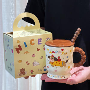 Taza de cerámica Byra con diseño de Dachshund, con tapa y cuchara, diseño de dibujos animados, para uso en la oficina y el hogar, regalo para parejas y chicas - Product Image 1