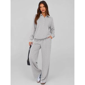 Women 2 Piece Sweatsuit Long Sleeve Quarter Button Sweatshirt Wide Leg Pants Tracksuit <b>Lounge</b> Set Casual Breathable Gray - Product Image 3