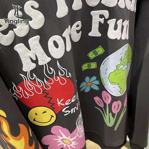 Yingling vente en gros 100% coton éponge française Vintage 3D bouffée de mousse imprimé poids lourd marque à la mode surdimensionné écologique - Product Image 4