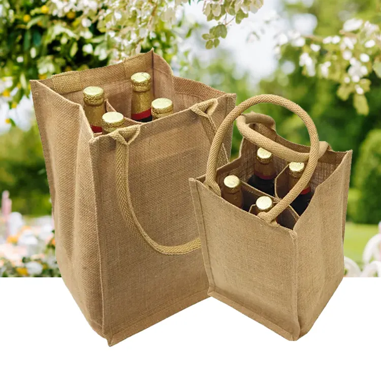 Customized printing promotional big eco friendly reusable handle gift beer bottle packaging jute wine bag