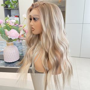 Perruques synthétiques à dentelle frontale résistantes à la chaleur, blond ombré avec mèches brunes, 22 pouces, longues et ondulées naturelles pour femmes - Product Image 6