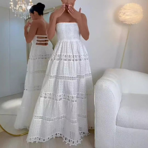 Vacaciones estilo celebridad tubo <span class=keywords><strong>Top</strong></span> Vestidos Mujer 2025 nuevo <span class=keywords><strong>blanco</strong></span> bordado soluble en agua flor hueco ocio vestido largo - Product Image 1