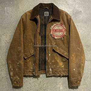 <span class=keywords><strong>Giacche</strong></span> <span class=keywords><strong>Invernali</strong></span> Trucker da <span class=keywords><strong>Uomo</strong></span> Personalizzate OEM con Effetto Invecchiato in Tela di Cotone Resistente con Schizzi di Pittura e Patch Vintage - Product Image 1