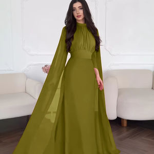 Vestido Elegante de Estilo Atmosférico con Cuello Redondo y Pliegues, Manga Larga, Antiarrugas, para Bodas y Reuniones en Interiores (1 Pieza, ODM) - Product Image 1