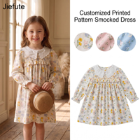 Robe smockée personnalisée à motif imprimé Jiefute, motif floral lapin mignon, smockage machine, vêtements de boutique pour tout-petits et enfants