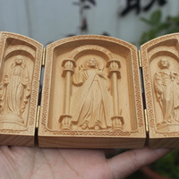 Boîte à icônes religieuses pliable en trois parties en bois de hêtre naturel, sculptée en 3D (Jésus, Vierge, Saint), portable, pour la prière catholique, décoration de table, vente en gros