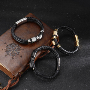 Black Double Layer Woven Leather Bracelet Titanium Steel <b>Magnetic</b> <b>Clasp</b> Men's Hip Hop Jewelry Gift - Product Image 2