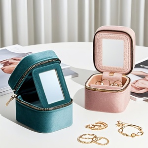 Velvet Rectangular Portable <b>Travel</b> Jewelry Storage Bag Ring Necklace Earrings with Mirror Zipper Solid Pattern Light Luxury - Product Image 1