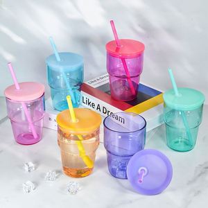 Transparent Pastel Pink Tiered Glass <b>Cup</b> Complete With Lid Straw Household <b>Cold</b> Drink Glass Mug - Product Image 4