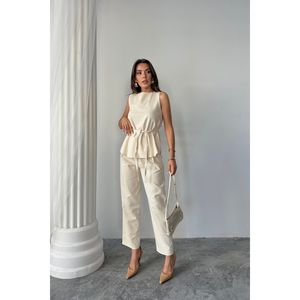 Conjunto de lino Massimo para mujer, top y pantalones sin mangas en color beige, talla S, estilo minimalista elegante - Product Image 2