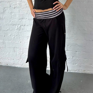 Pantalones cargo vintage picantes de cintura baja con rayas y cordón ajustable, bolsillos grandes, versátiles, deportivos, holgados y relajados, pantalones largos. - Product Image 3