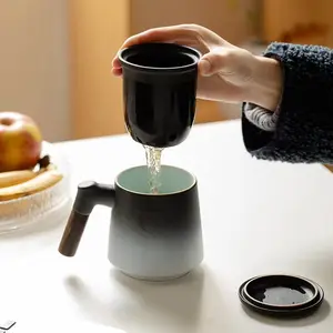 Tazza da caffè in argilla con manico in legno tazza da caffè vintage in gres ceramico con filtro infusore per tè thermos nero semplice retrò