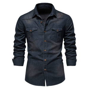 Camisa de manga larga <span class=keywords><strong>sin</strong></span> planchar de mezclilla de Color sólido informal para hombre, tela vaquera de algodón 95%, cuello abotonado, talla americana de gran tamaño - Product Image 3