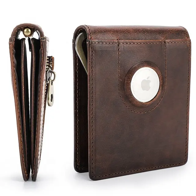 Genuine Leather Airtags Wallet RFID Anti-theft Men Wallet With Apple Airtags Zipper Case Credit Card Purses